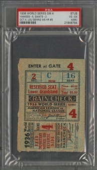 1936 World Series Yankees Vs. Giants Game 4 ticket Stub - Lou Gehrig WS HR #9 - PSA/DNA VG-EX 4(MK)
